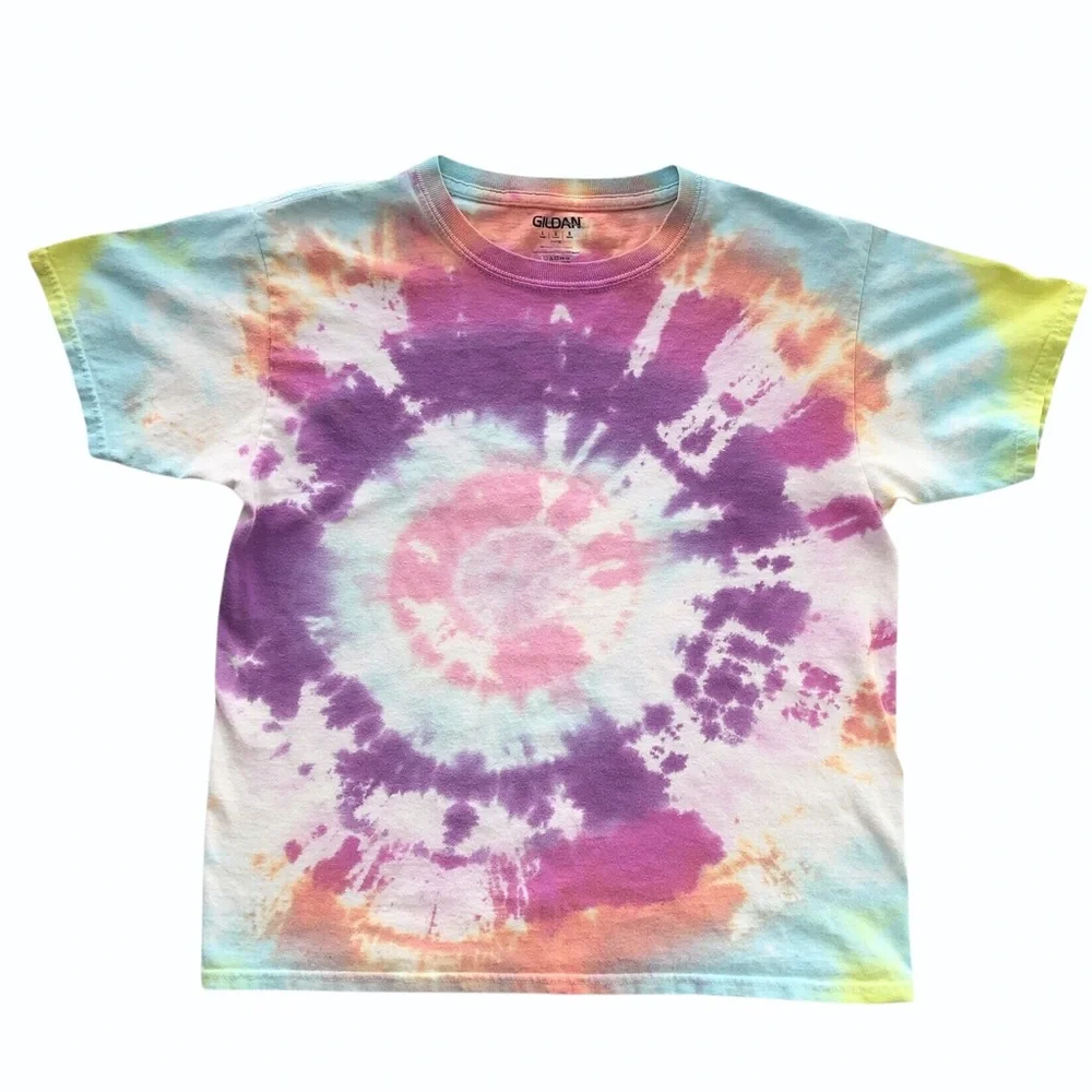 Gildan Tie Dye Cotton Tee Short Sleeve Pink Purple White Yellow Youth Large